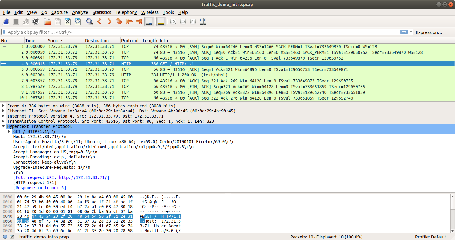 Wireshark автоматически обнаружил, что используемый протокол &mdash; HTTP, и пометил пакеты с данными в столбце Protocol.